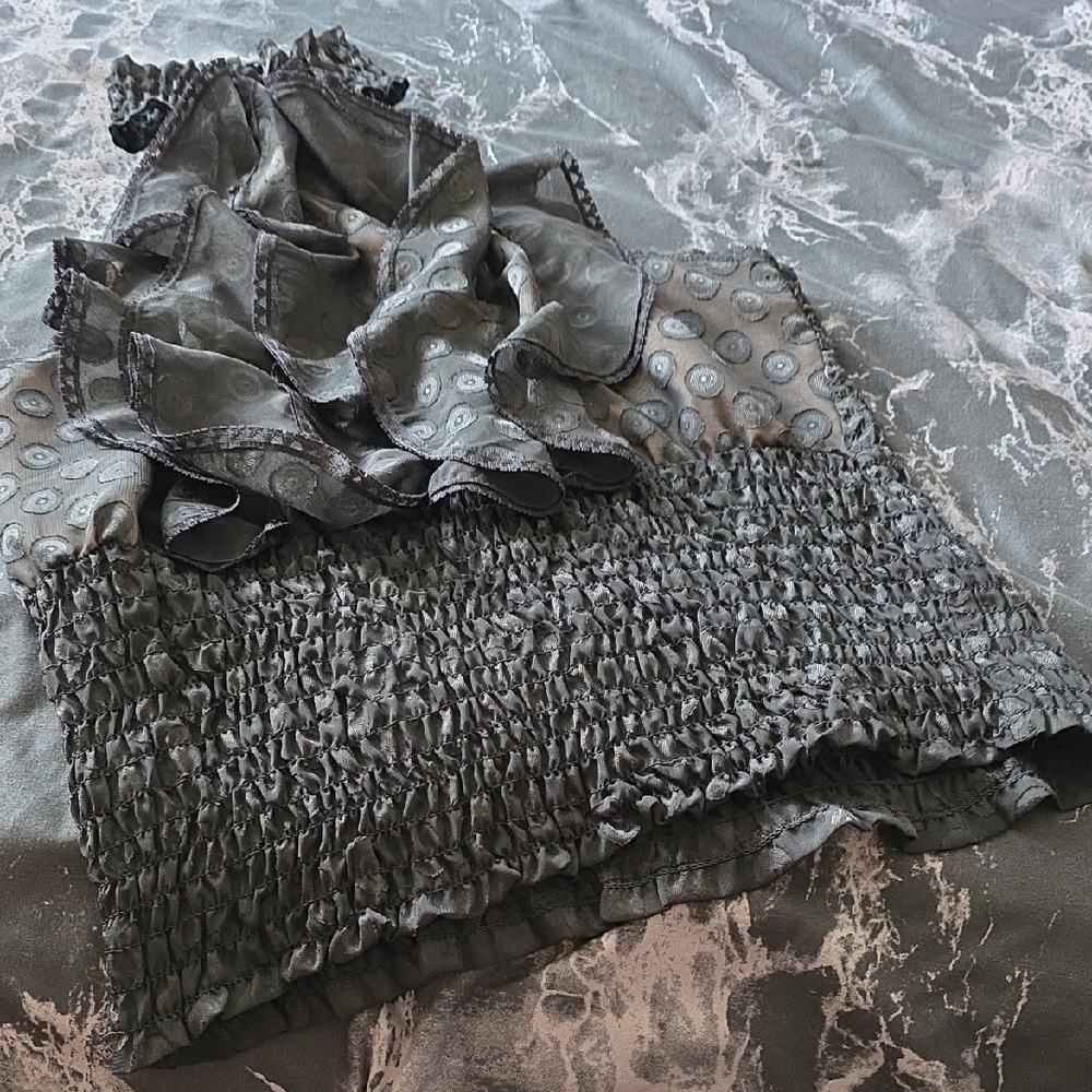 Elegant Black Grey Layered Ruffle No Sleeve Semi See Through Tunic Cropped Top - Picture 13 of 16